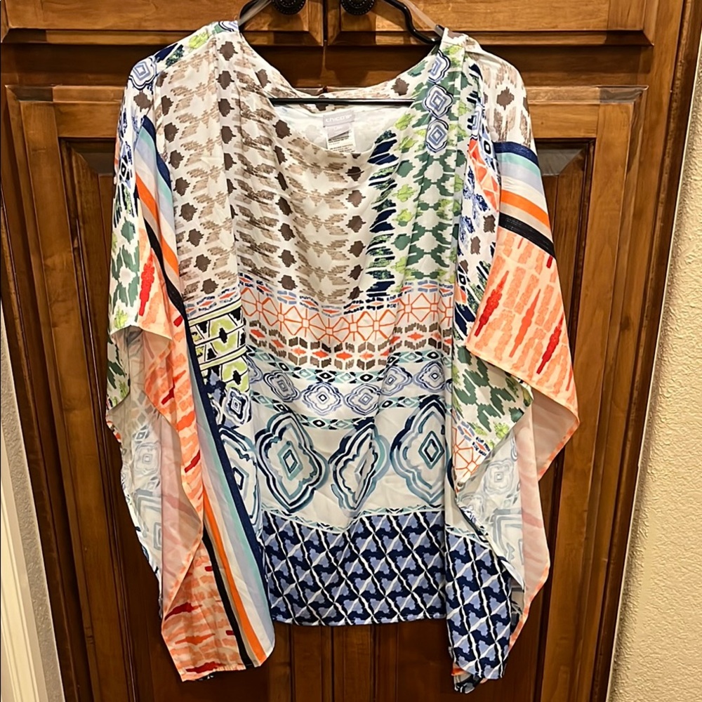 Chico's Blue and White Relaxed Tunic with Graphic Patterns